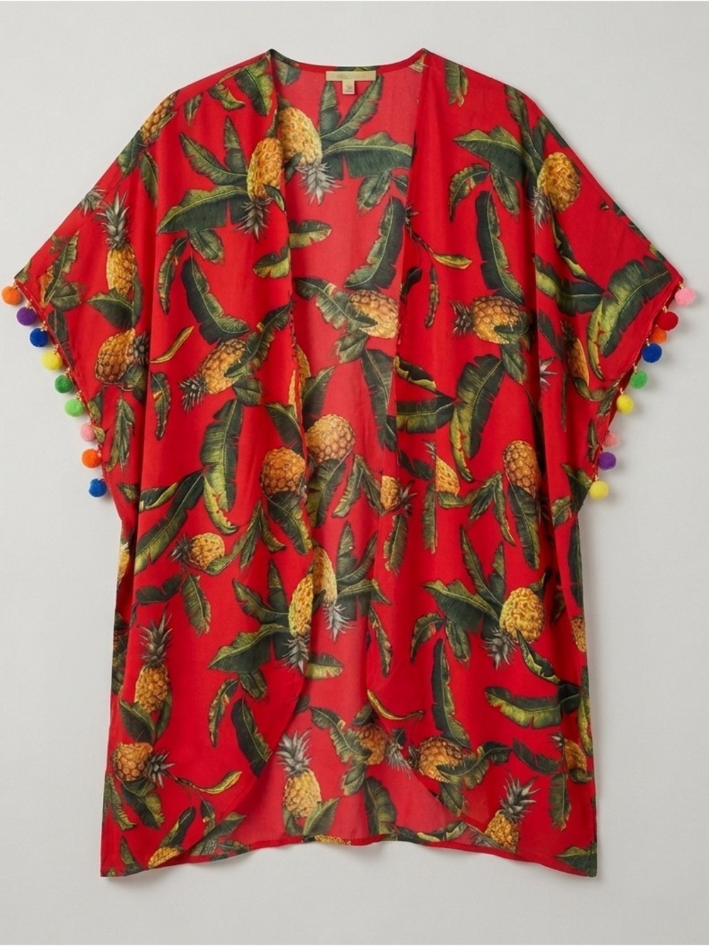 Gianni Bini Bright Cover Up Tropical Pineapple  Kimono Pompom Colorful XS New